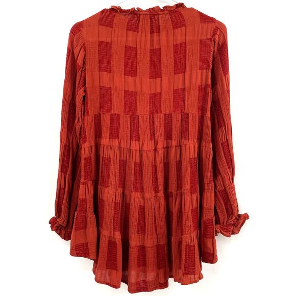 Umgee USA Women's Babydoll Blouse, Brick & Rust Colors, Patchwork, Sz. S - Picture 2 of 10
